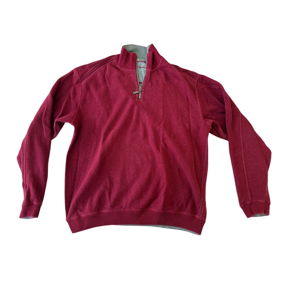 Tommy Bahama Men Quarter Zip Sweater Sz XL Red Knit Preppy Grandpa Cozy Fishing